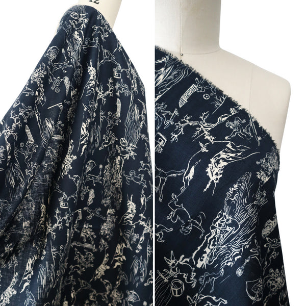Hokkoh Cotton Shantung - ‘Woodland Follies' Navy *Last Piece 4.3m